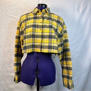 Women’s Size Large Yellow and Blue Plaid Long Sleeve Crop Top Shirt
